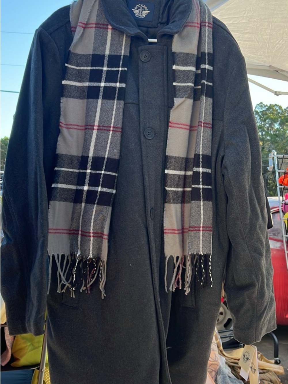 Dockers brand coat with Grey Plaid Men’s Winter Scarf - Soft Cashmere-Feel